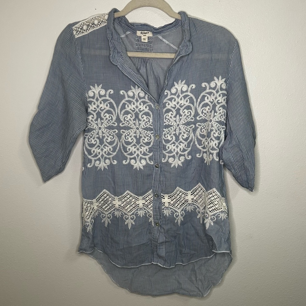Dylan blue and white striped lace detail button down shirt